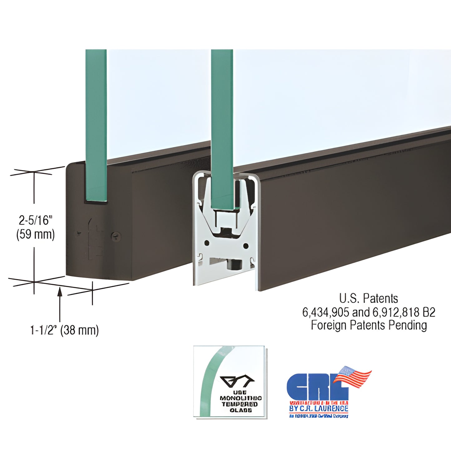 CRL low-profile aluminum door rail, oil rubbed bronze, 2-5/16" x 1-1/2" for 1/2" glass, SKU DR2S0RB12C.