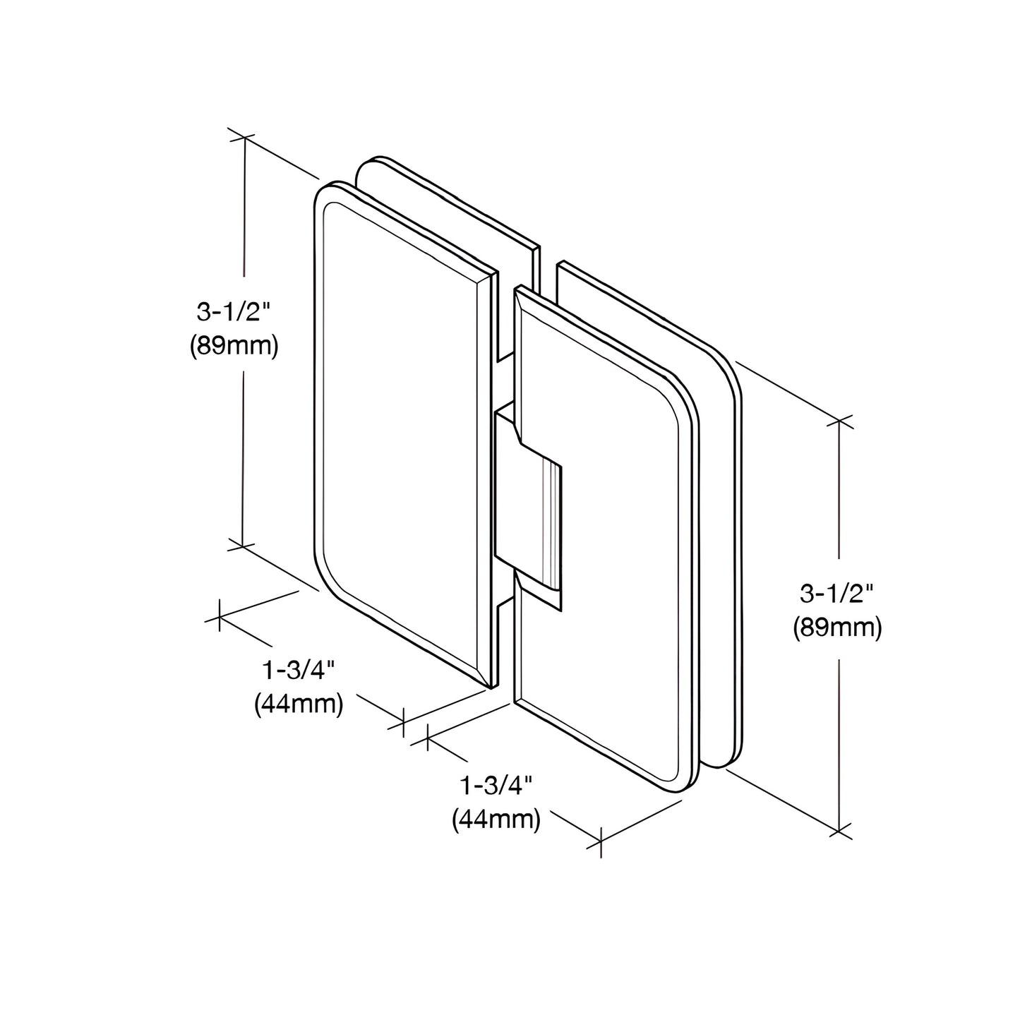 PET180CH polished chrome 180 glass-to-glass brass shower hinge, beveled, for 1/4-5/16 glass