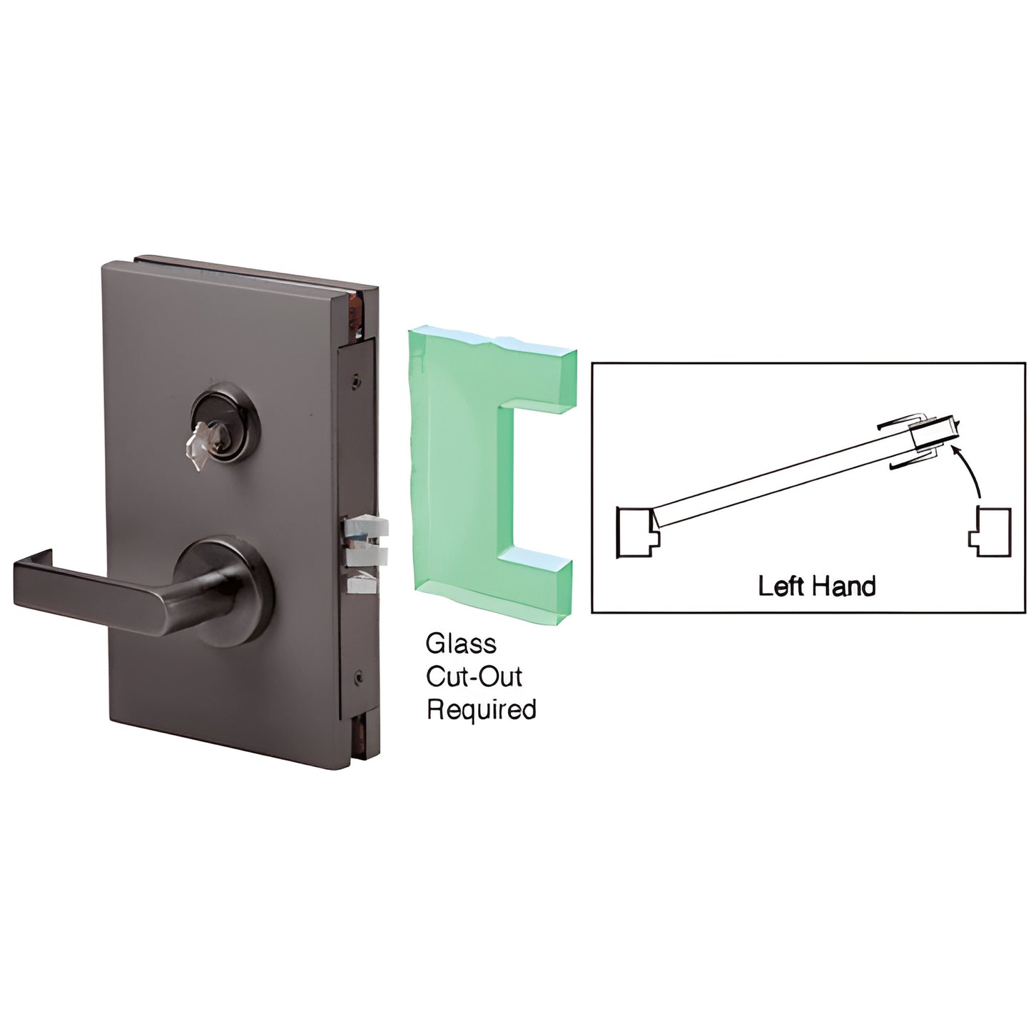 Black-bronze 6x10 center deadlatch glass door lock, left-hand, fits 1/2" (12mm) tempered glass - SKU DL610LMDU