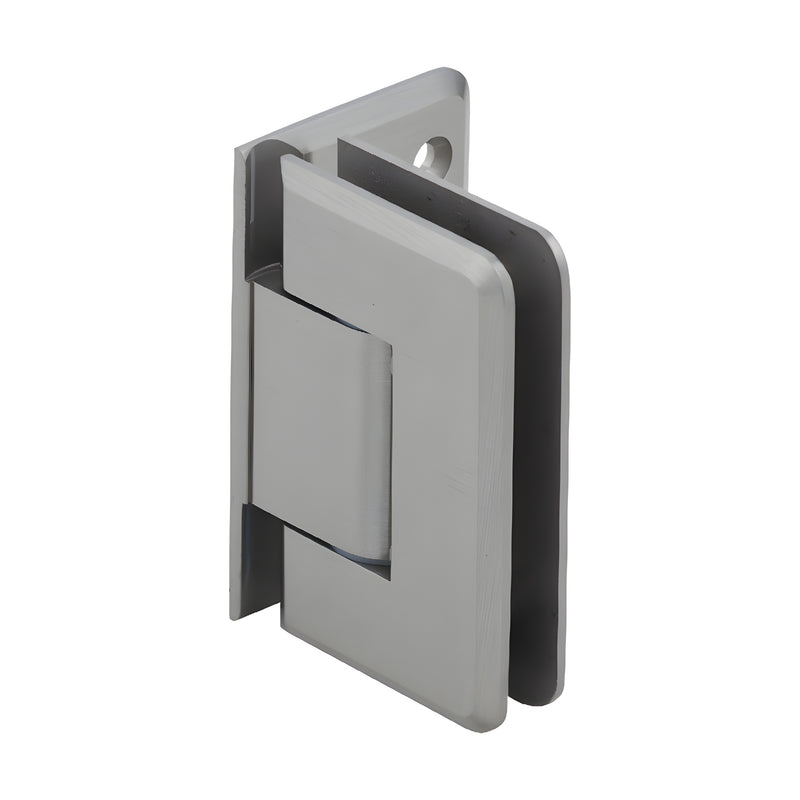 Pinnacle adjustable shower hinge, brushed nickel, brass wall mount for 8-12mm tempered glass. SKU P1N344BN