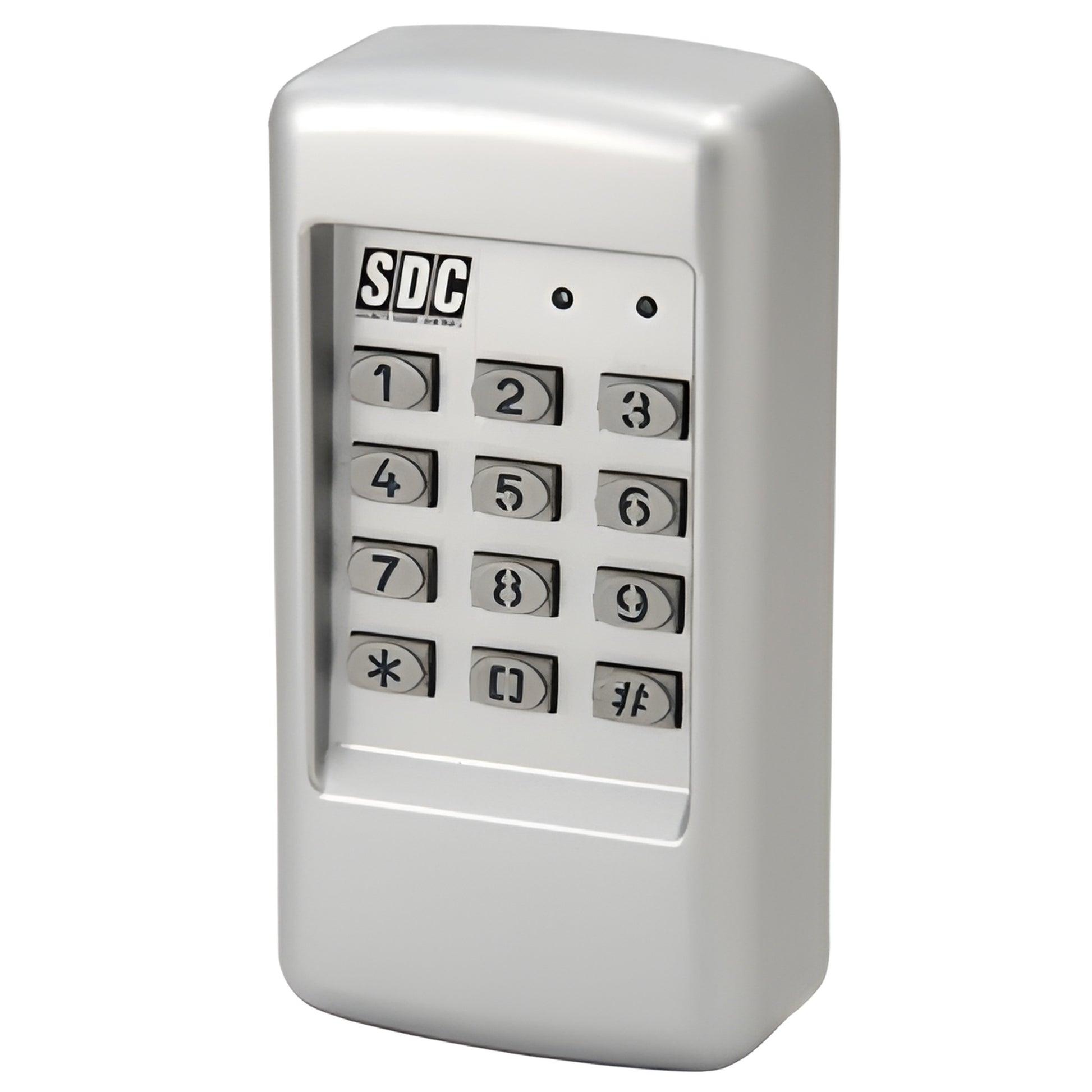 SDC920 heavy-duty brushed stainless steel programmable keypad with metal blue-backlit numeric keys.