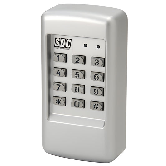 SDC920 heavy-duty brushed stainless steel programmable keypad with metal blue-backlit numeric keys.