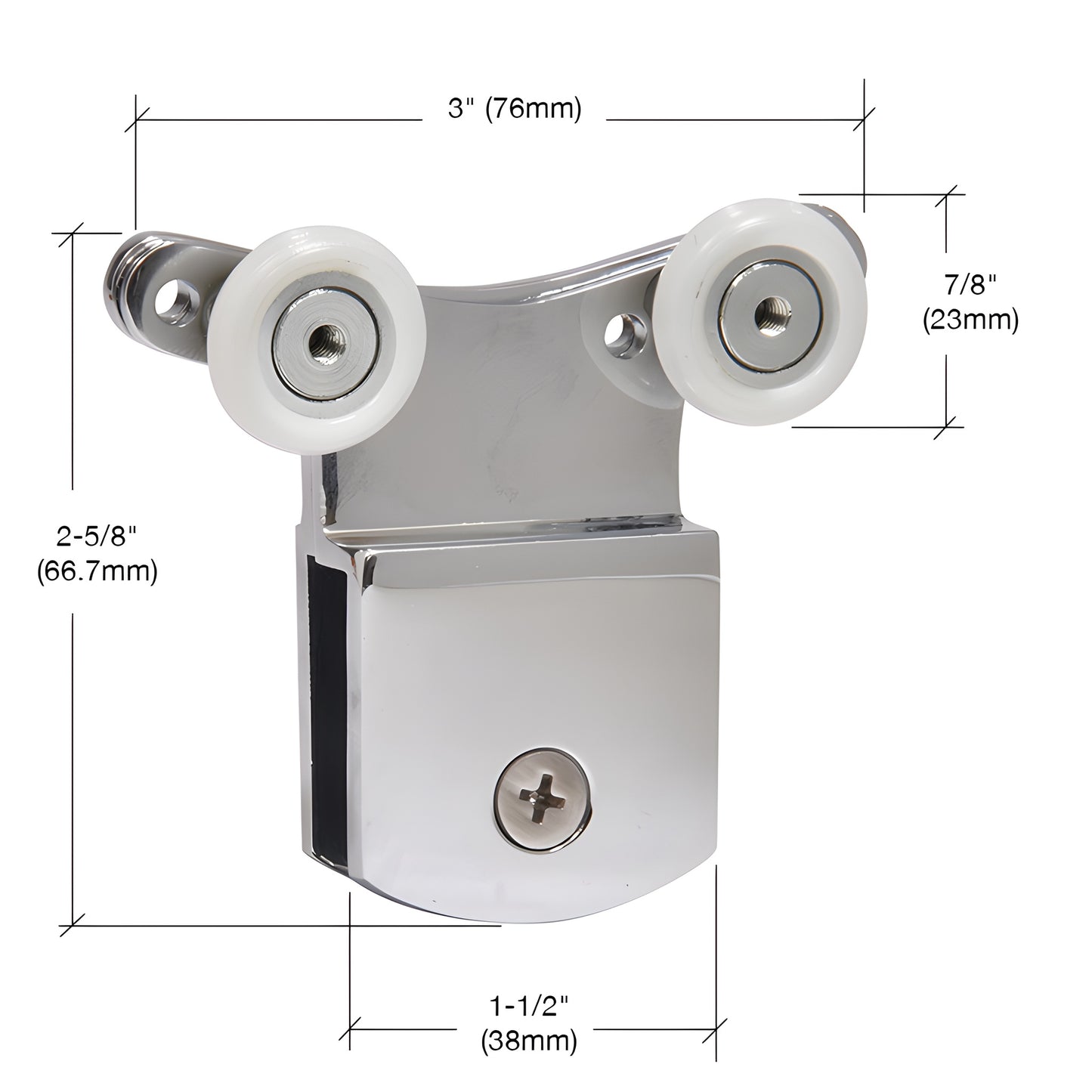 DK66BA brite anodized top-hanger roller bracket for frameless shower door, dual nylon wheels, fits 3/8" glass