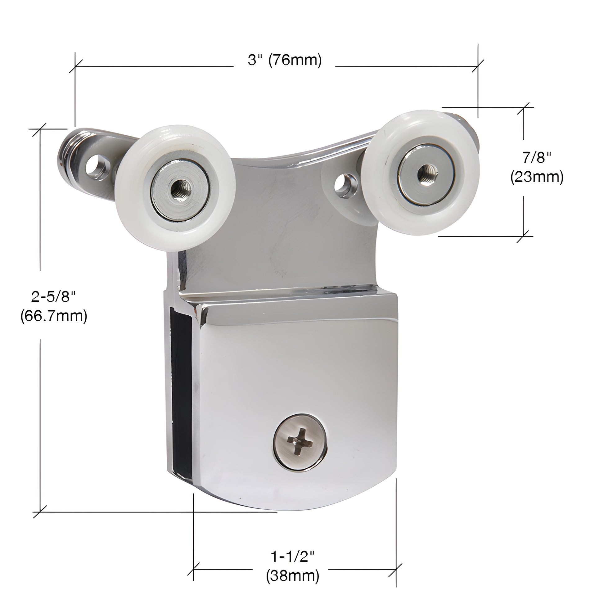 DK66BA brite anodized top-hanger roller bracket for frameless shower door, dual nylon wheels, fits 3/8" glass