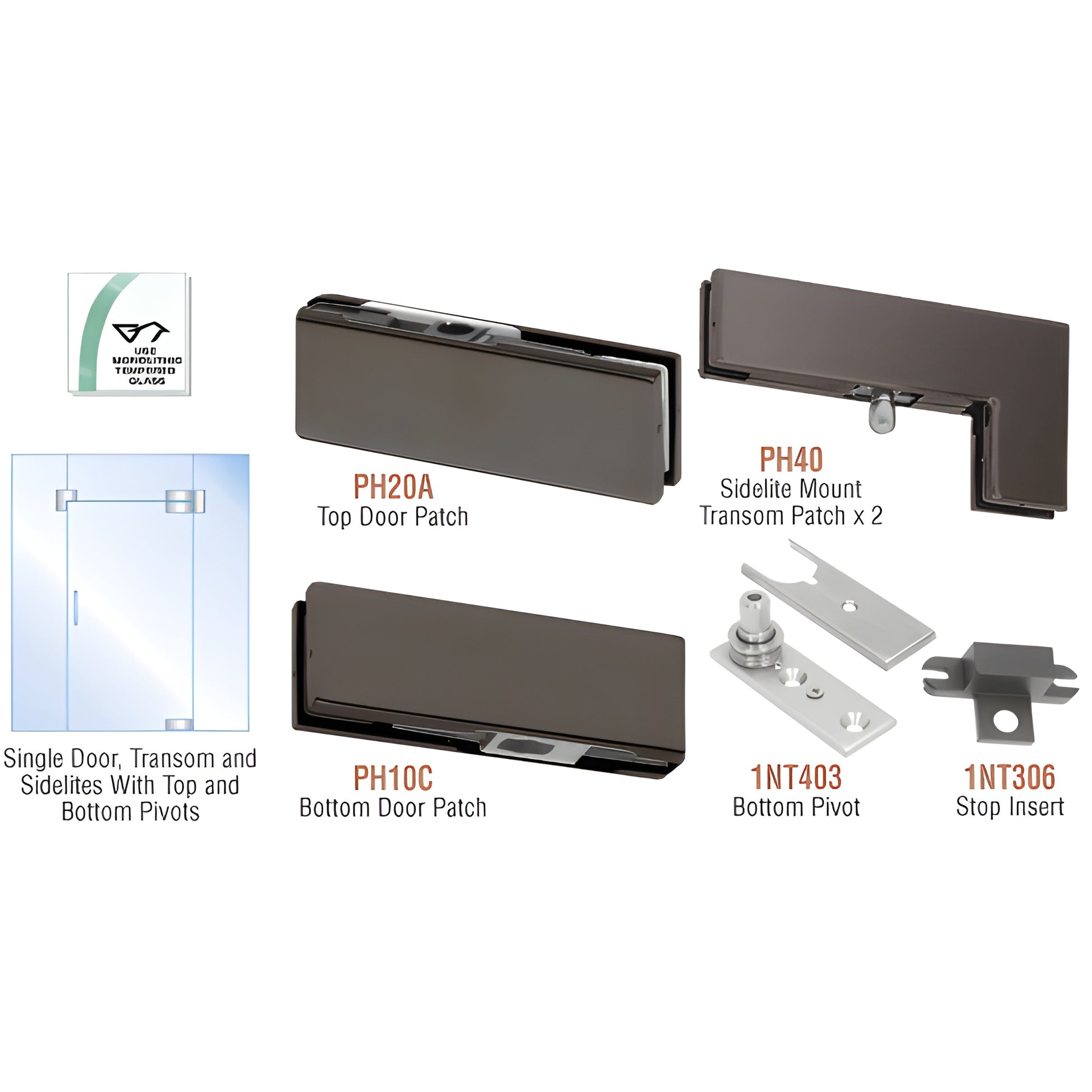 PHA5DU black bronze pivot hardware kit for all-glass pivot door with transom and sidelites; fits 3/8" or 1/2" glass