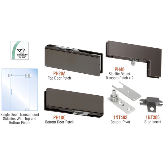 PHA5DU black bronze pivot hardware kit for all-glass pivot door with transom and sidelites; fits 3/8" or 1/2" glass