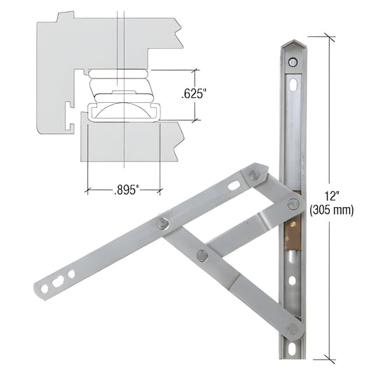 Stainless steel 4-bar heavy-duty window hinge, 12in non-handed for awning/hopper windows. SKU WH61242