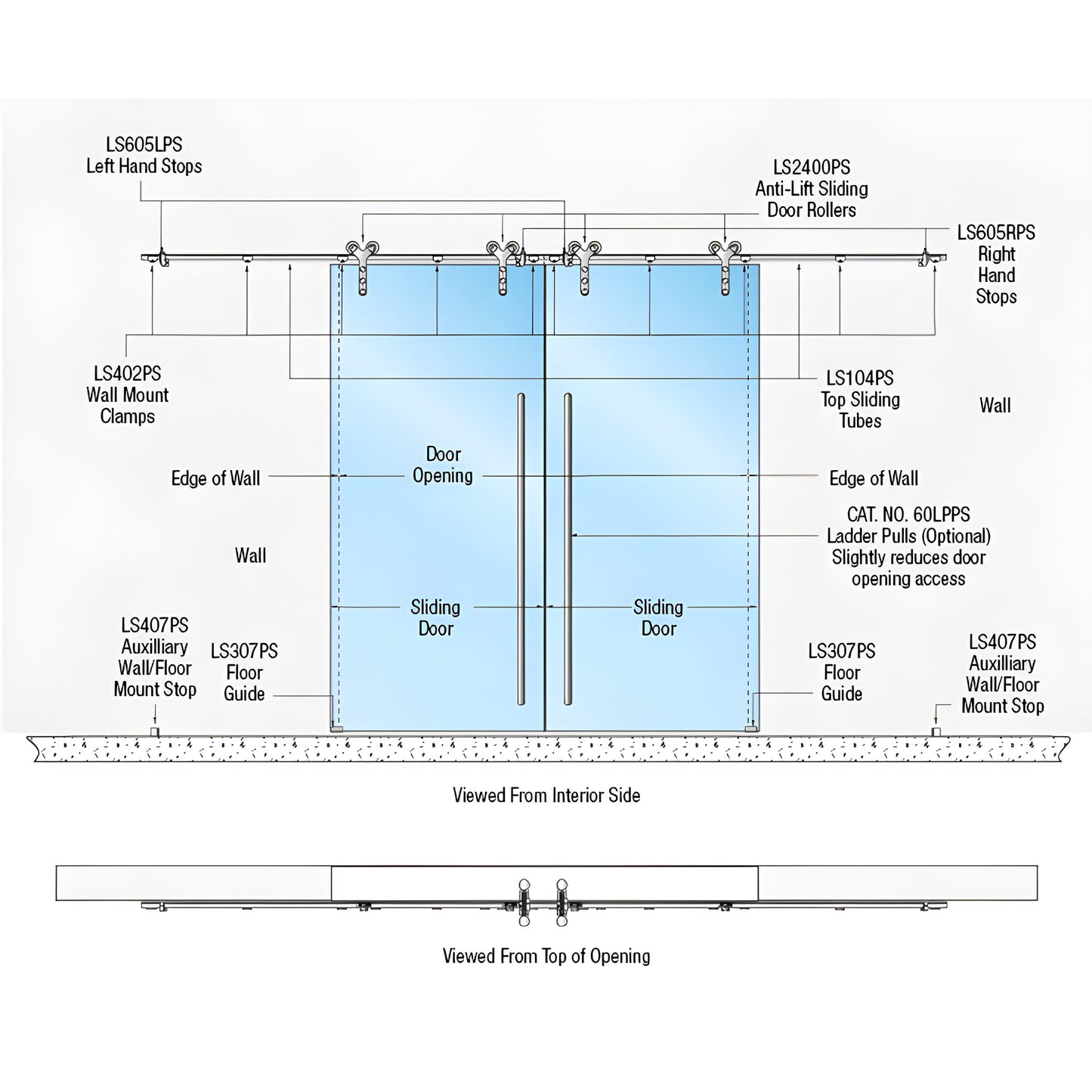 Technical diagram of CRL LSWM26PS 316 stainless wall mount bi parting sliding door kit with anti lift double rollers.