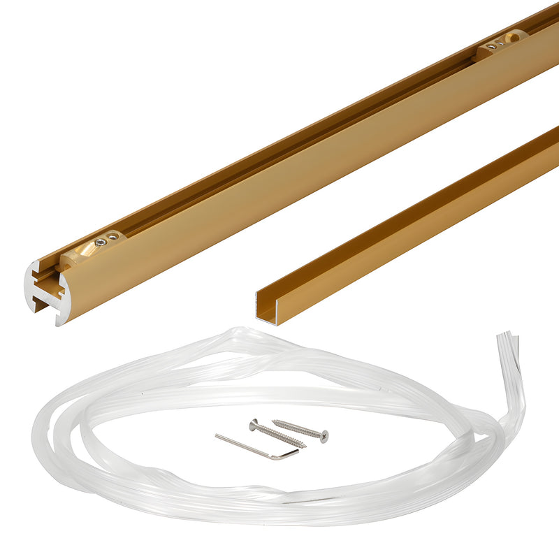 Satin brass shower door header kit with filler, clear vinyl, screws and hex key.
