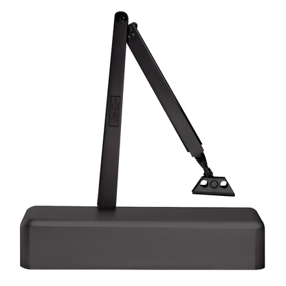 Dark bronze surface-mounted door closer with rectangular body and articulated parallel arm, SKU PR76DADU