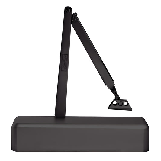 Dark bronze surface-mounted door closer with rectangular body and articulated parallel arm, SKU PR76DADU