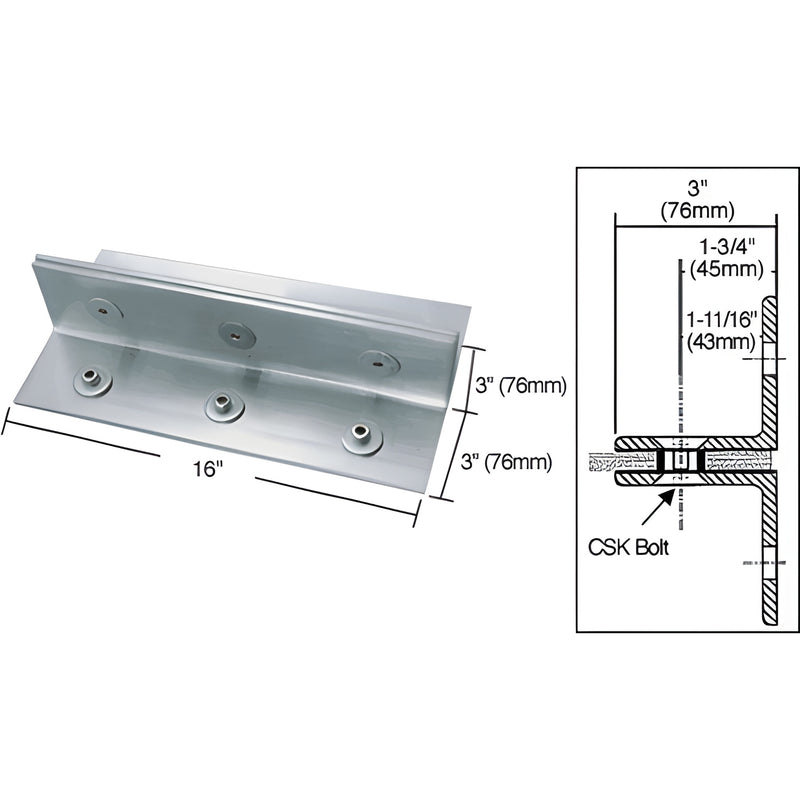 FTF16BS stainless steel fin shoe for 3/4 tempered glass - mounts to floor or ceiling.