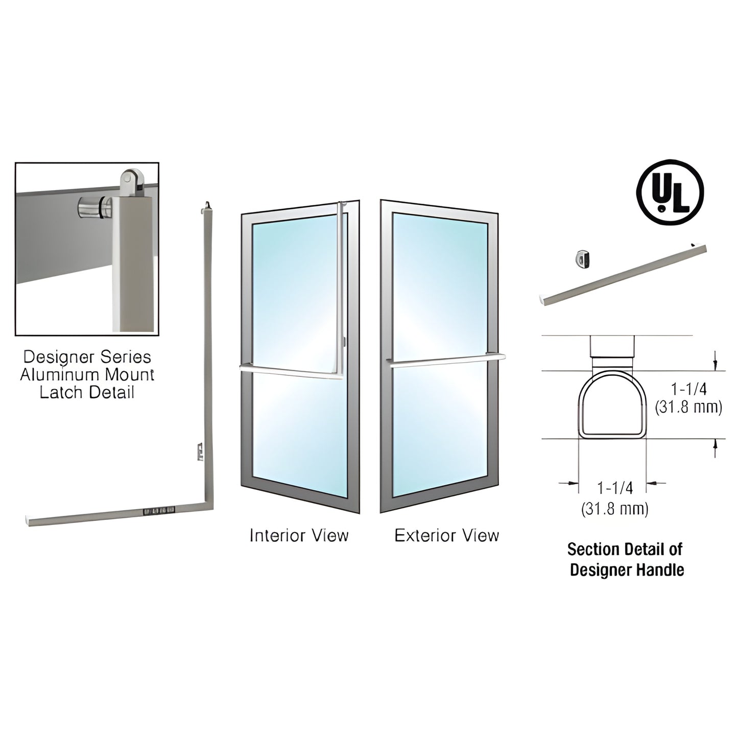 Brushed stainless tubular panic handle DPA100A3AKBS for 1/2-3/4" glass doors, 1-1/4" D shape, ADA-compliant.