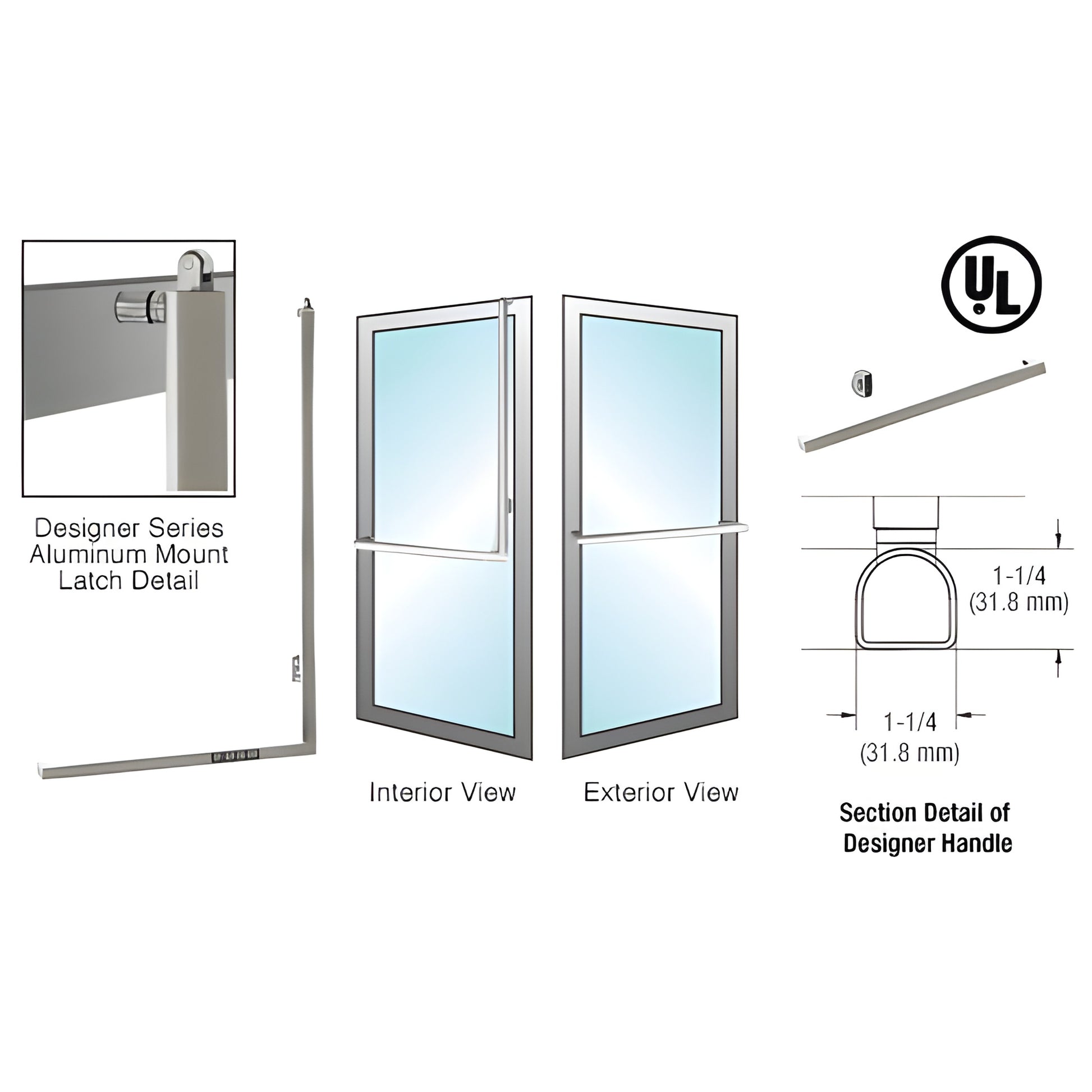 Brushed stainless tubular panic handle DPA100A3AKBS for 1/2-3/4" glass doors, 1-1/4" D shape, ADA-compliant.