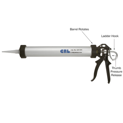 CRL 15 in. sausage & cartridge caulking gun GA1205, lightweight aluminum barrel with plastic cone nozzle