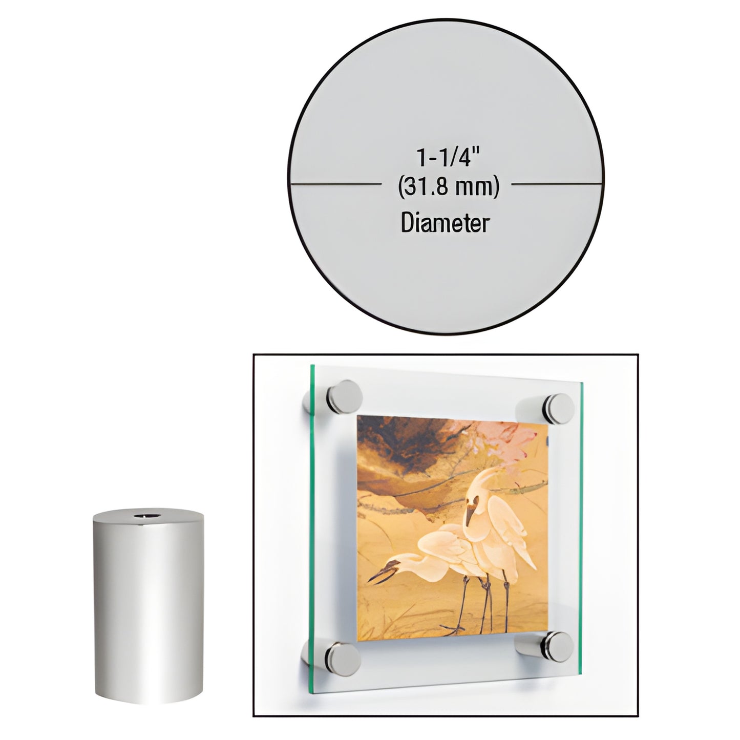 Satin chrome 1-1/4" brass standoff (SKU S0B1142SC) shown mounting a glass panel over artwork.