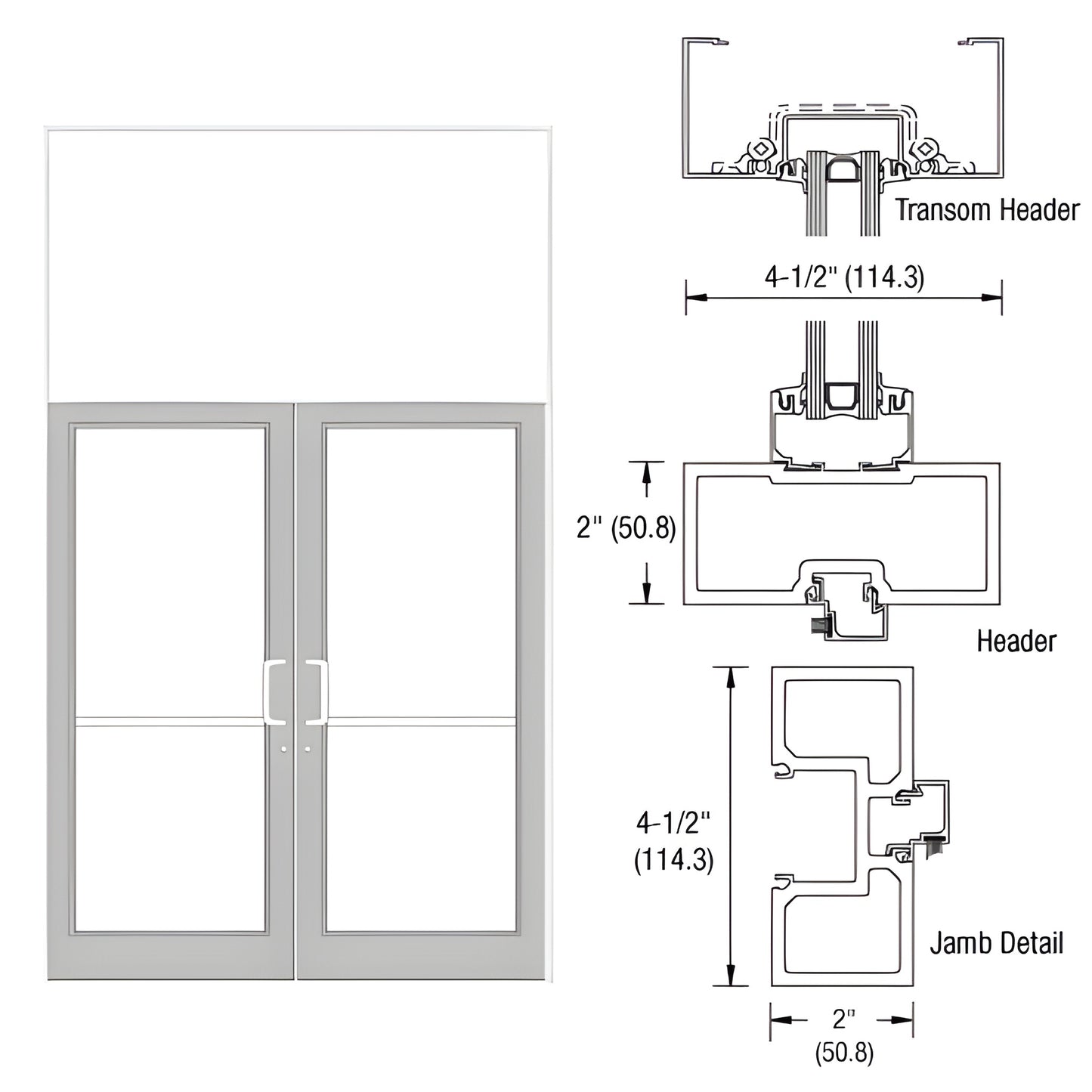 FD62552 white Kynar aluminum storefront double-door frame with transom, 76x126 overall, fits 72x84 butt-hinge door