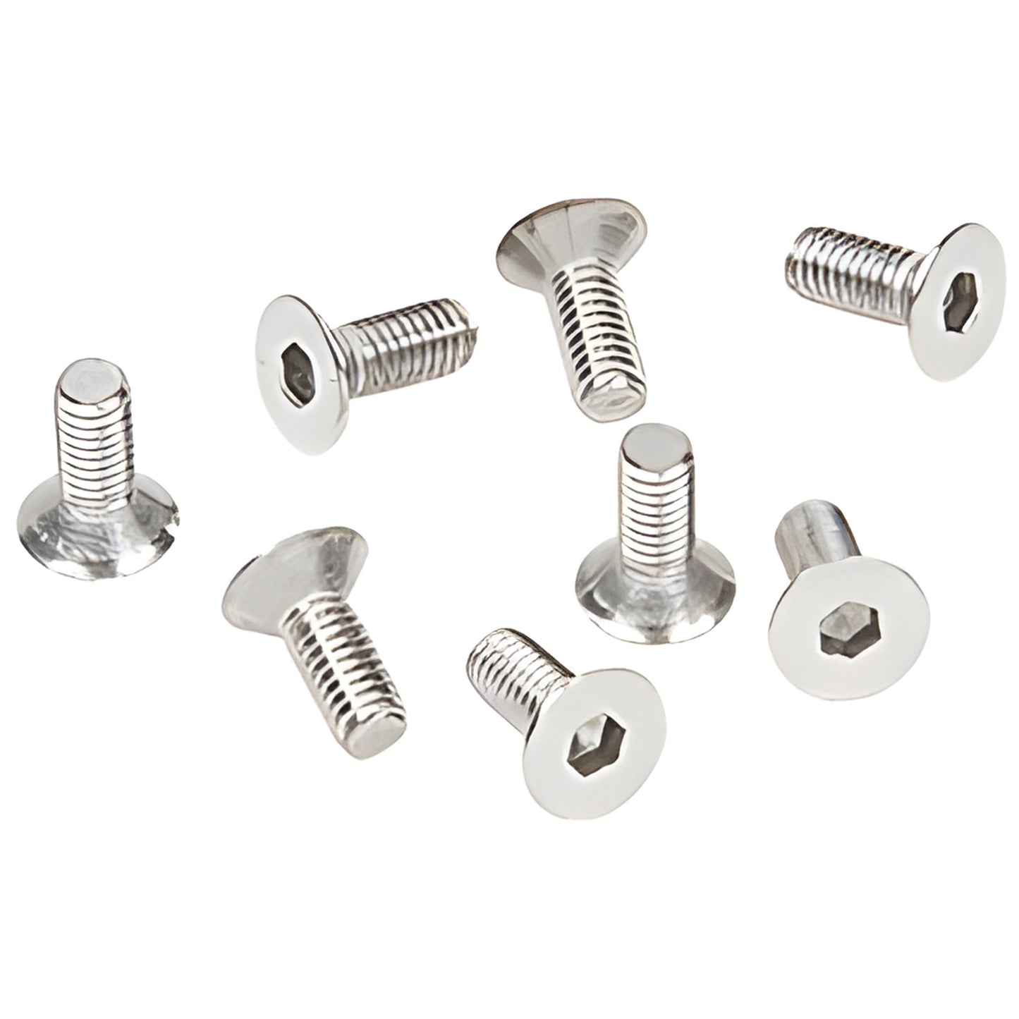 Satin chrome M5 5x12 mm flat-head hex drive stainless steel screws, pack of 8 (SKU A512SC)