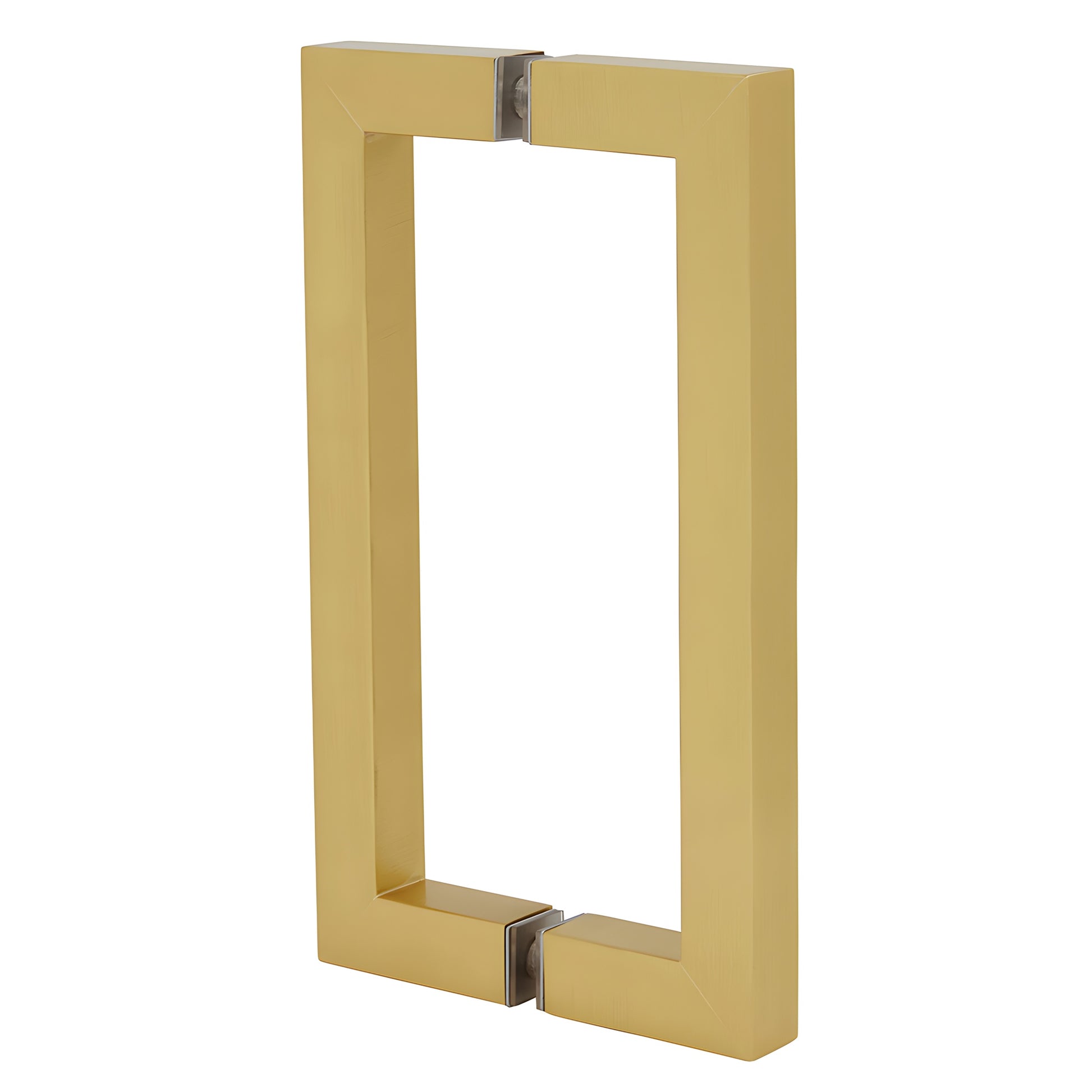 Satin brass SQ Series square-corner tubular pull handle, 8 in C-C, back-to-back glass mount SKU SQ8X8SB