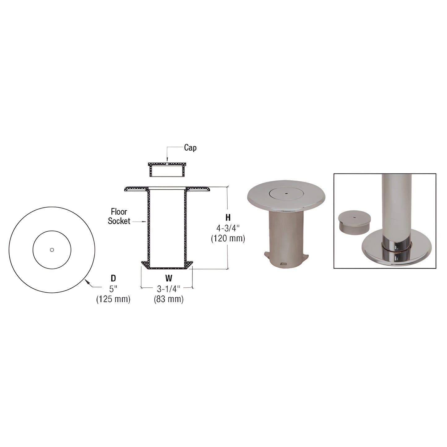 HR20FSBS floor socket with removable cap, brushed stainless steel, 5 in diameter, 3-1/4 in post hole, low-profile flange.