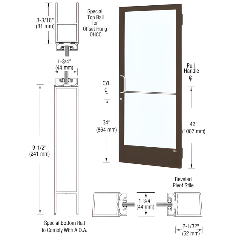 DE21422 narrow stile storefront door - black bronze anodized frame, tempered glass, ADA 9-1/2" bottom rail, hardware prep