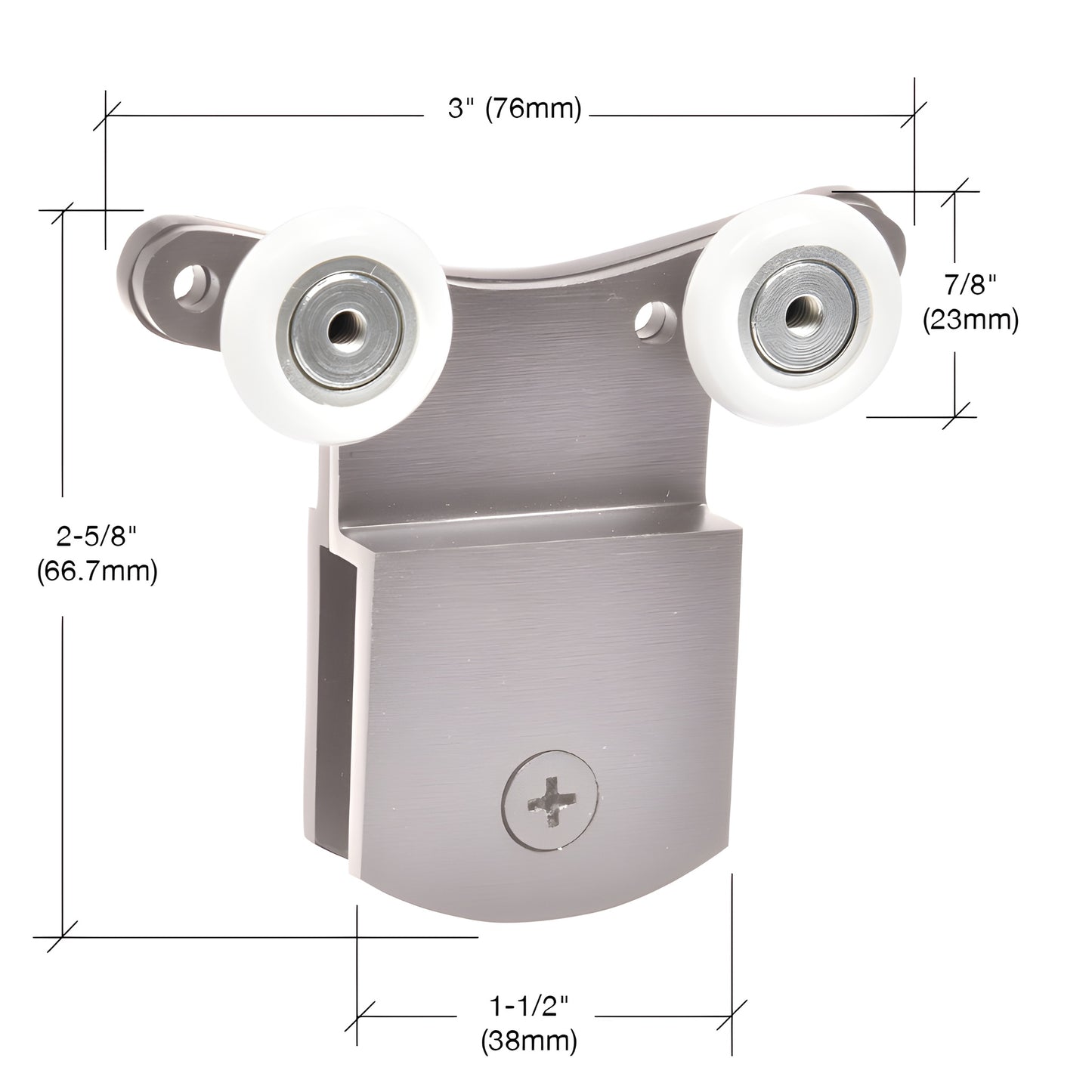 Brushed nickel top hanger roller bracket with two white nylon wheels for 3/8" (10mm) frameless shower door, DK66BN