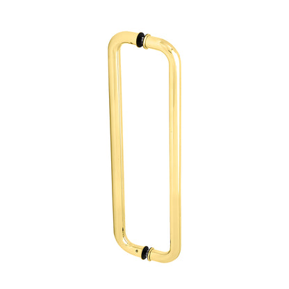 Polished brass glass-mounted pull handle, 18 in center-to-center, fits 3/8-3/4 in glass (SKU CM18X18BR)