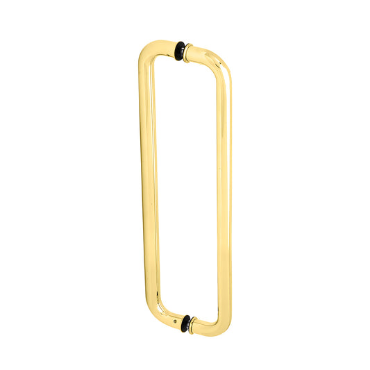 Polished brass glass-mounted pull handle, 18 in center-to-center, fits 3/8-3/4 in glass (SKU CM18X18BR)