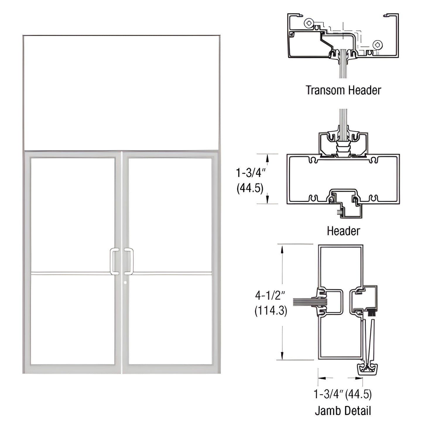 FR62811 clear anodized transom frame with double storefront doors, jamb/header and threshold details