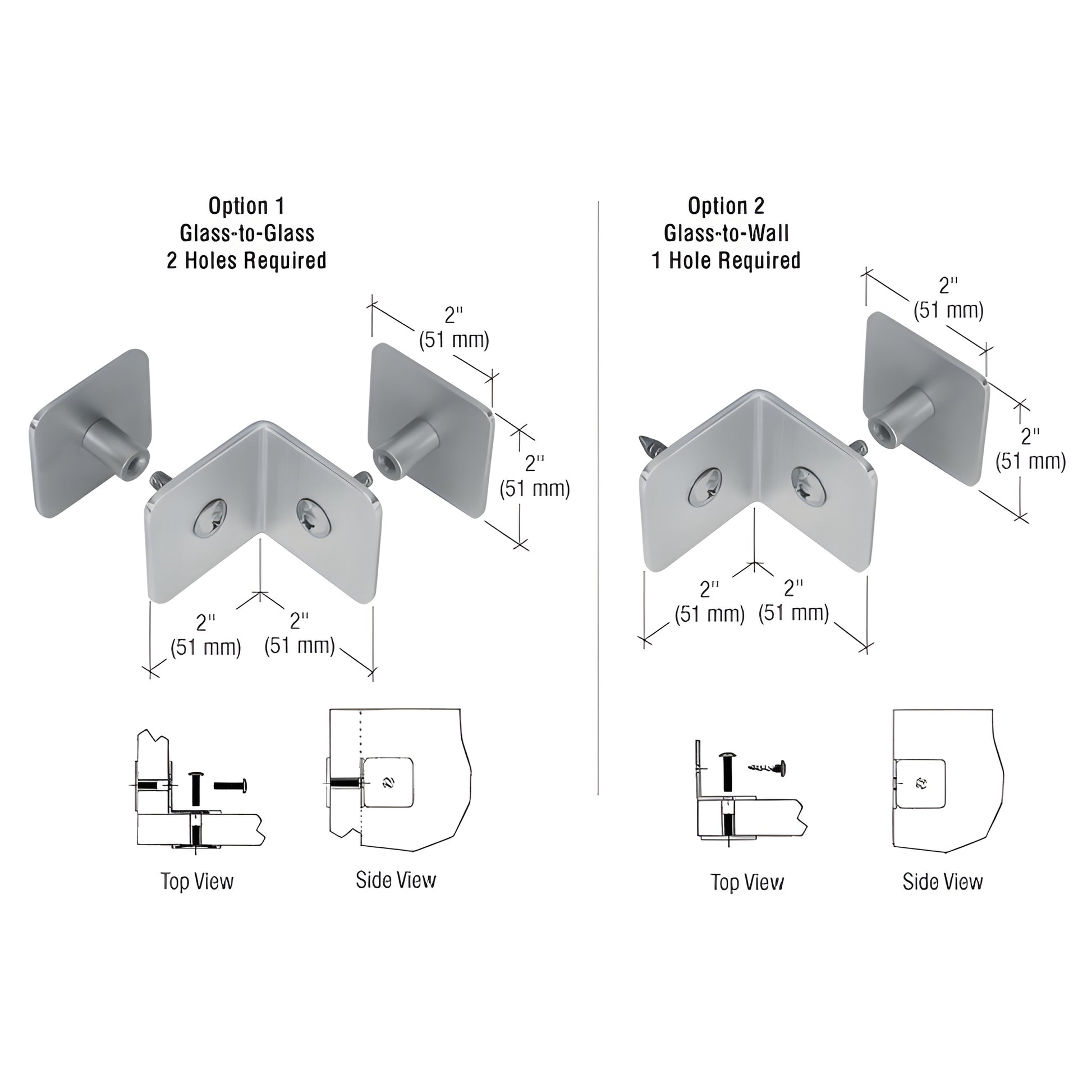 Brushed stainless 90 mid-mount clamp for 1-1/4" (32mm) security glazing, shown glass-to-glass and glass-to-wall with 2" (51m
