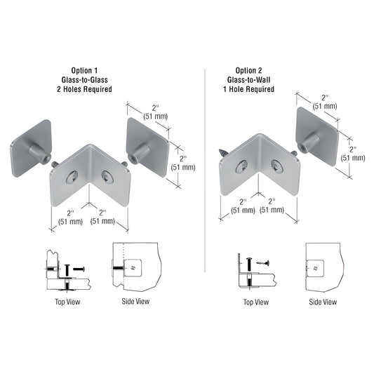 Brushed stainless 90 mid-mount clamp for 1-1/4" (32mm) security glazing, shown glass-to-glass and glass-to-wall with 2" (51m