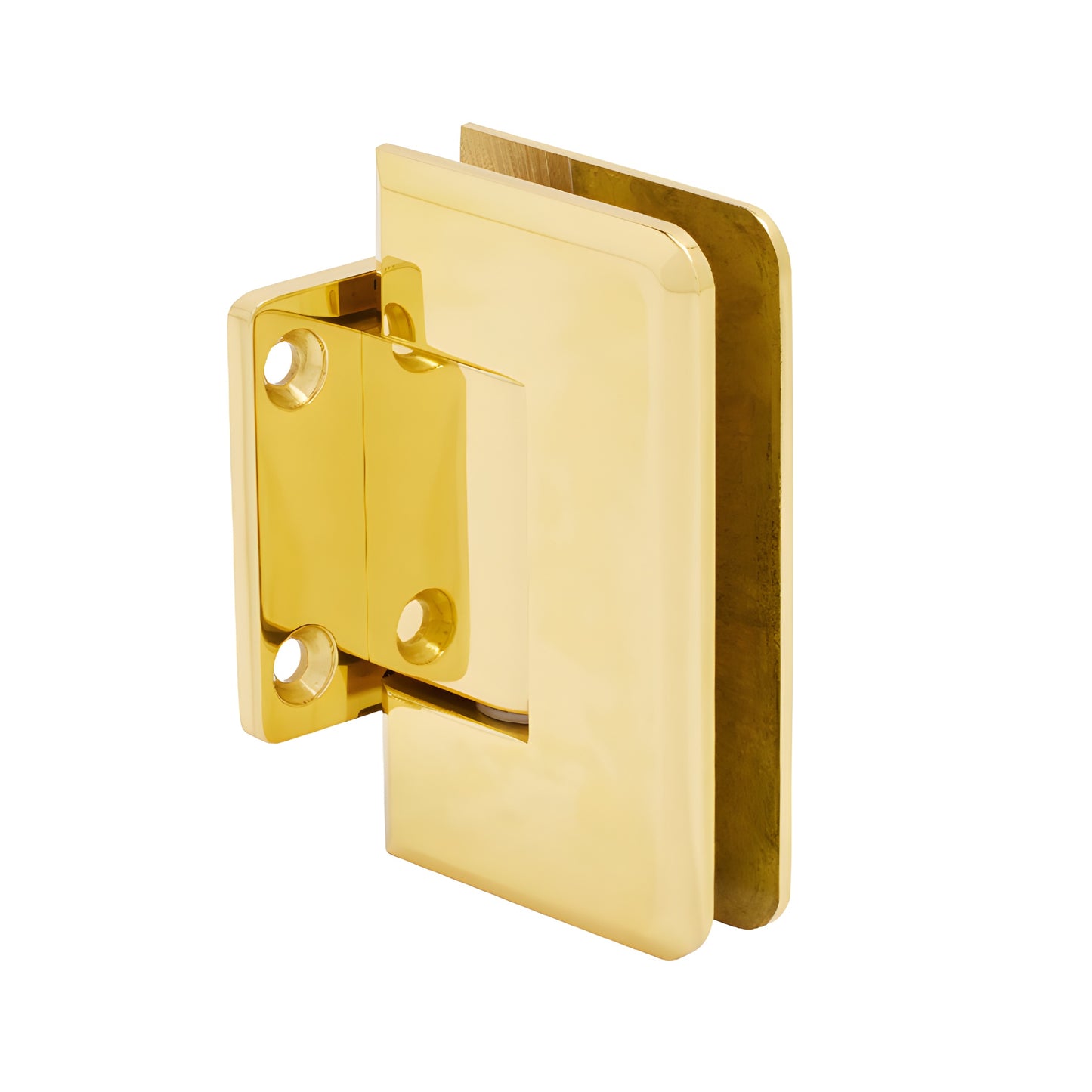 P1N074BR polished brass Pinnacle self-centering shower door hinge for 8-12mm tempered glass, short back plate.