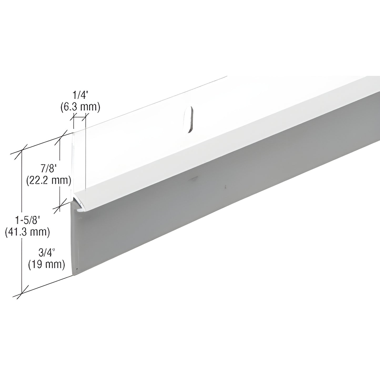 DS37W white aluminum door sweep, 36" long, 1-5/8" high with locked-in vinyl bottom seal.