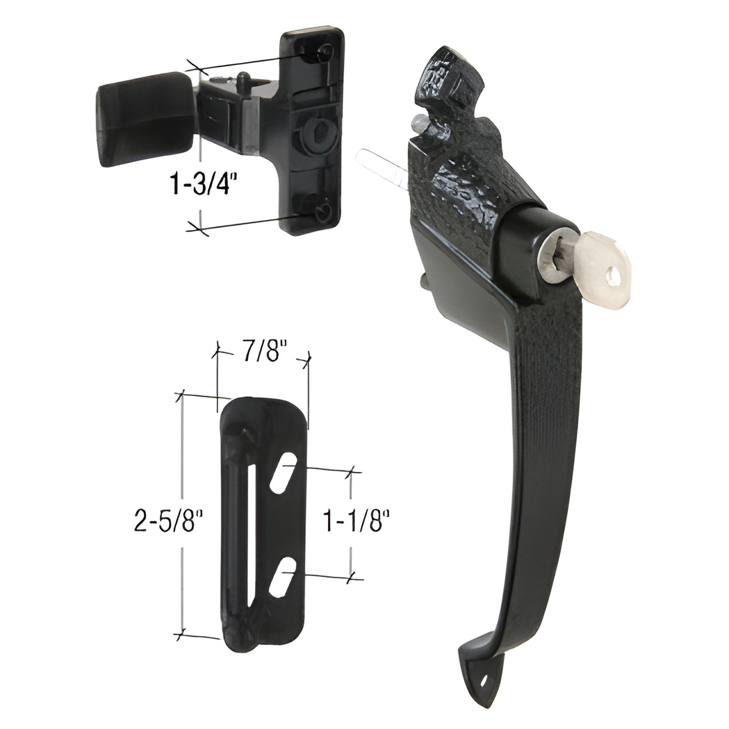 CRL K5080 black hammered Colonial push-button screen/storm door latch with keyed outside handle, strike and dimensions.