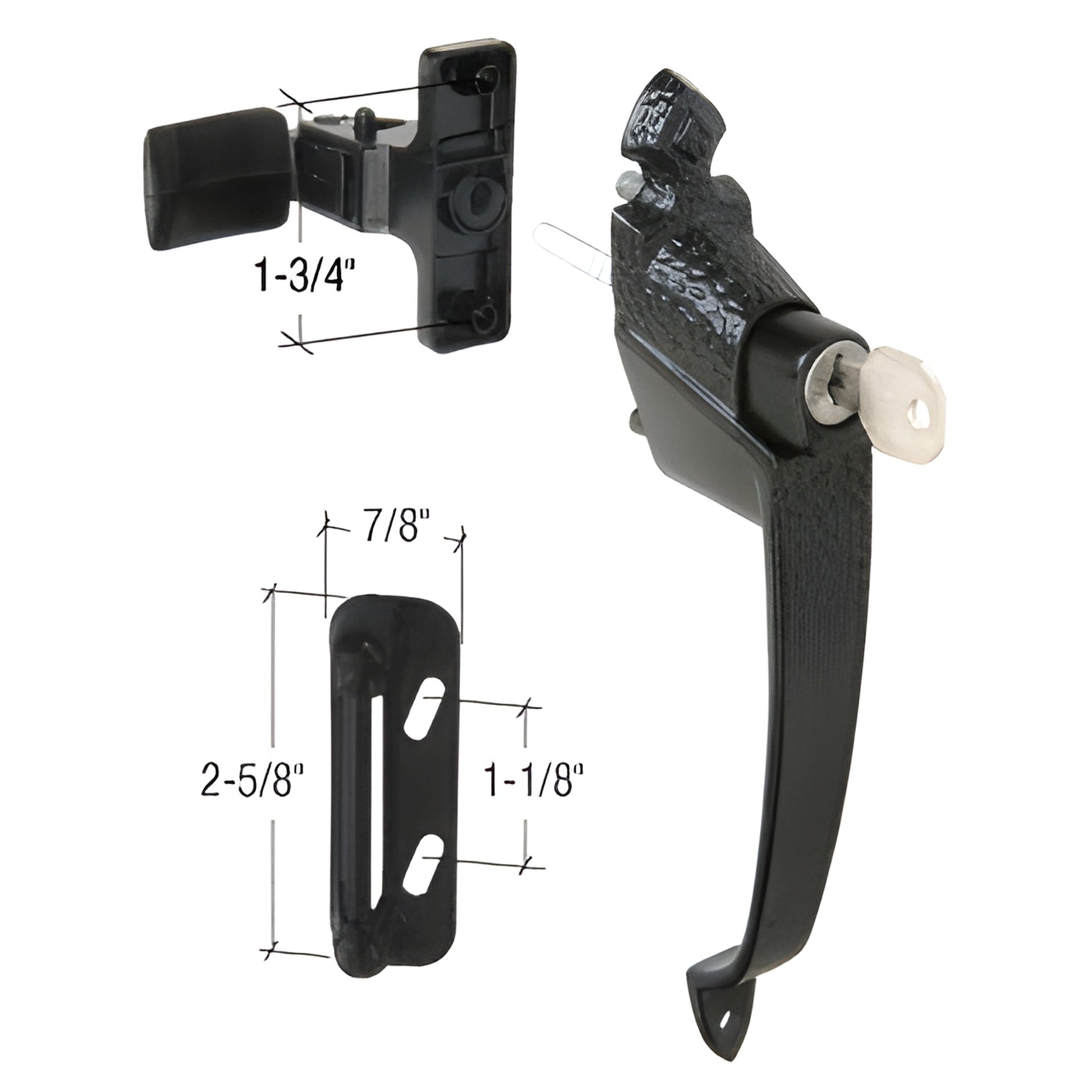CRL K5080 black hammered Colonial push-button screen/storm door latch with keyed outside handle, strike and dimensions.
