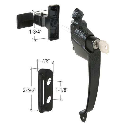 CRL K5080 black hammered Colonial push-button screen/storm door latch with keyed outside handle, strike and dimensions.