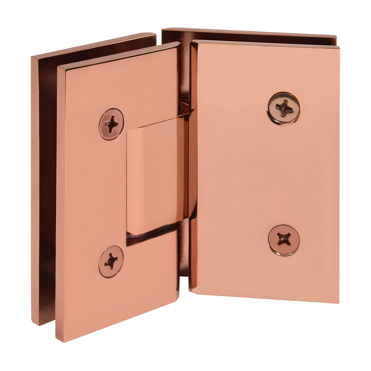 Rose gold brass glass-to-glass shower hinge (SKU V1E045RG), square-edge 135 pivot, fits 3/8-1/2 (10-12mm) glass.