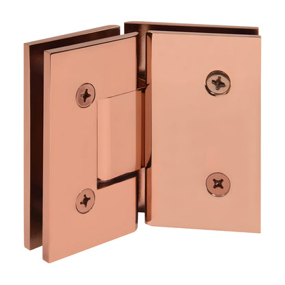Rose gold brass glass-to-glass shower hinge (SKU V1E045RG), square-edge 135 pivot, fits 3/8-1/2 (10-12mm) glass.