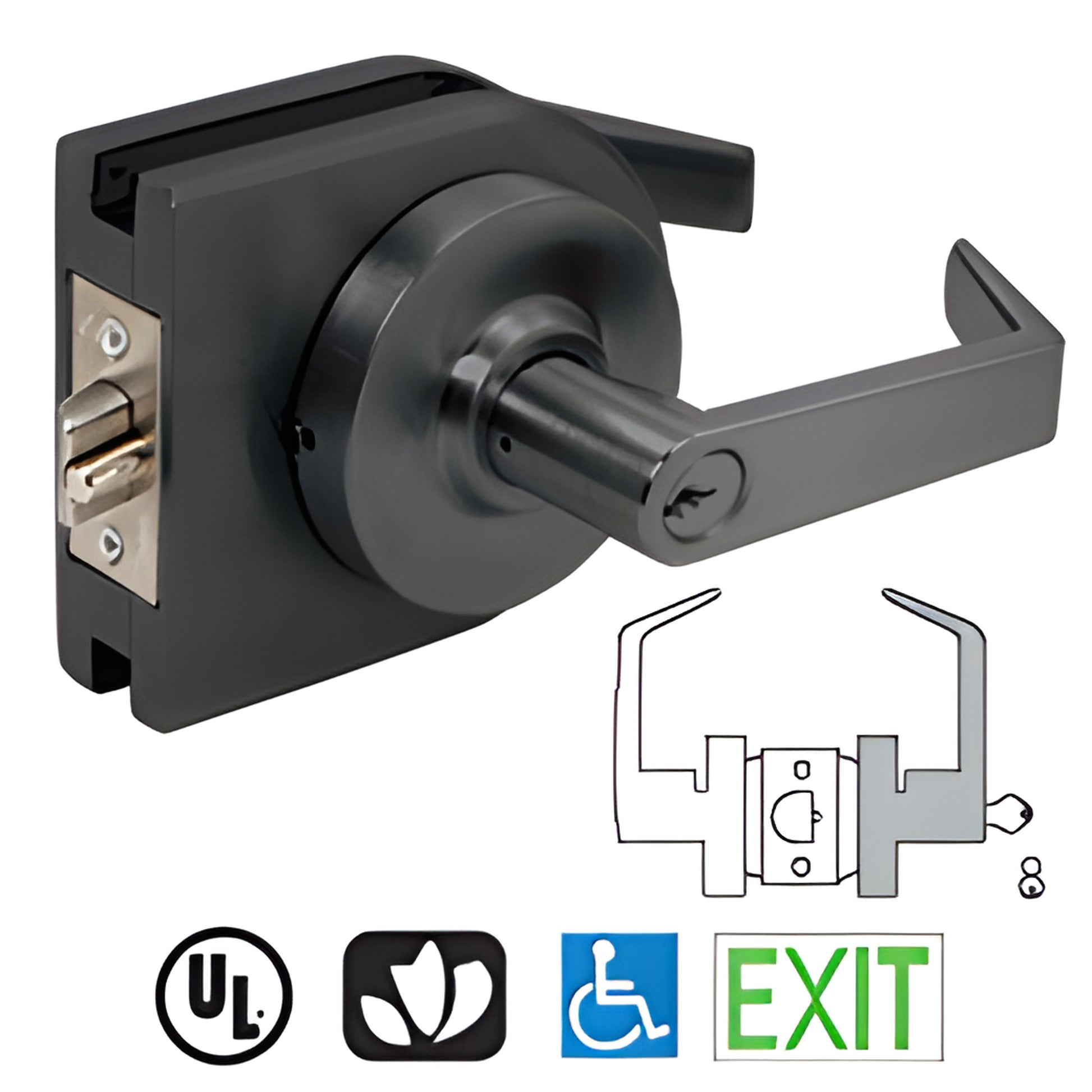 LH70MBL matte-black low-profile round lever lock housing for 3/8-1/2 (10-12mm) frameless glass doors.