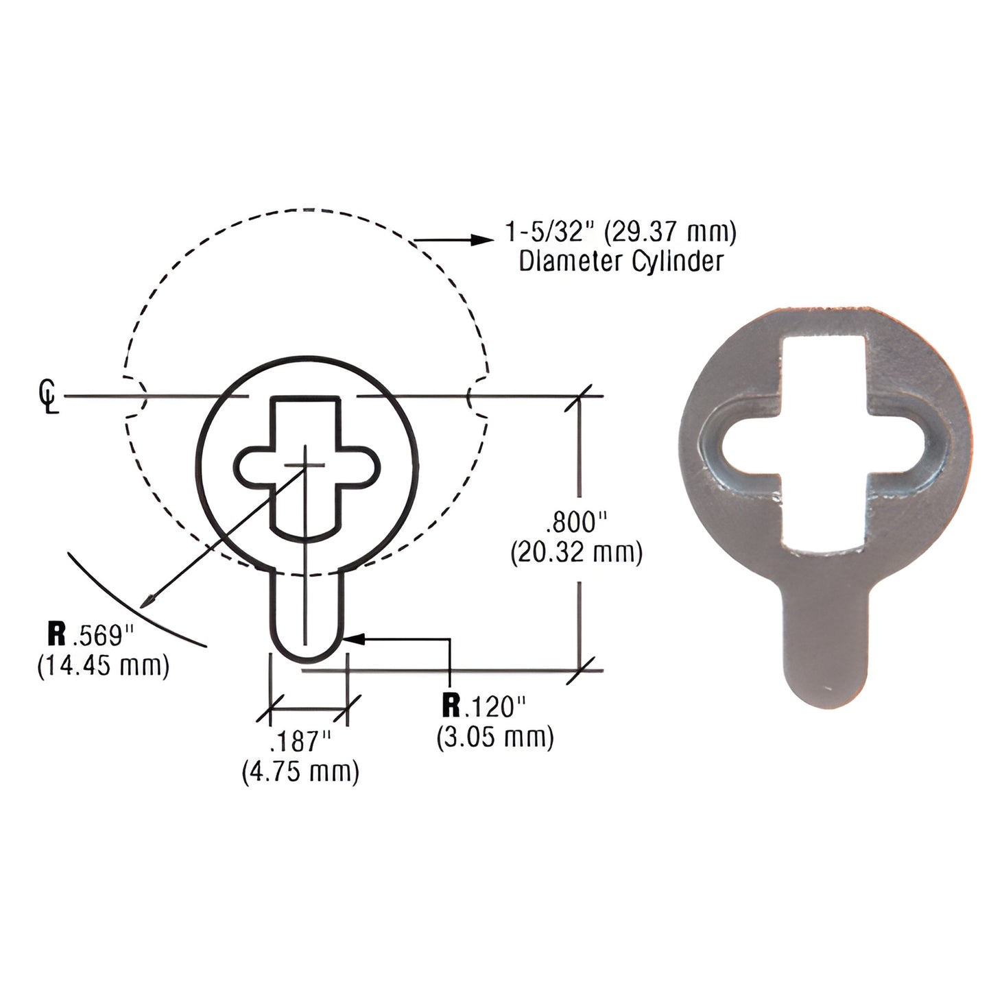 CRL AR-style metal cam (SKU DRACAM) with dimensional diagram, fits 1-5/32" cylinders, 0.800" height.