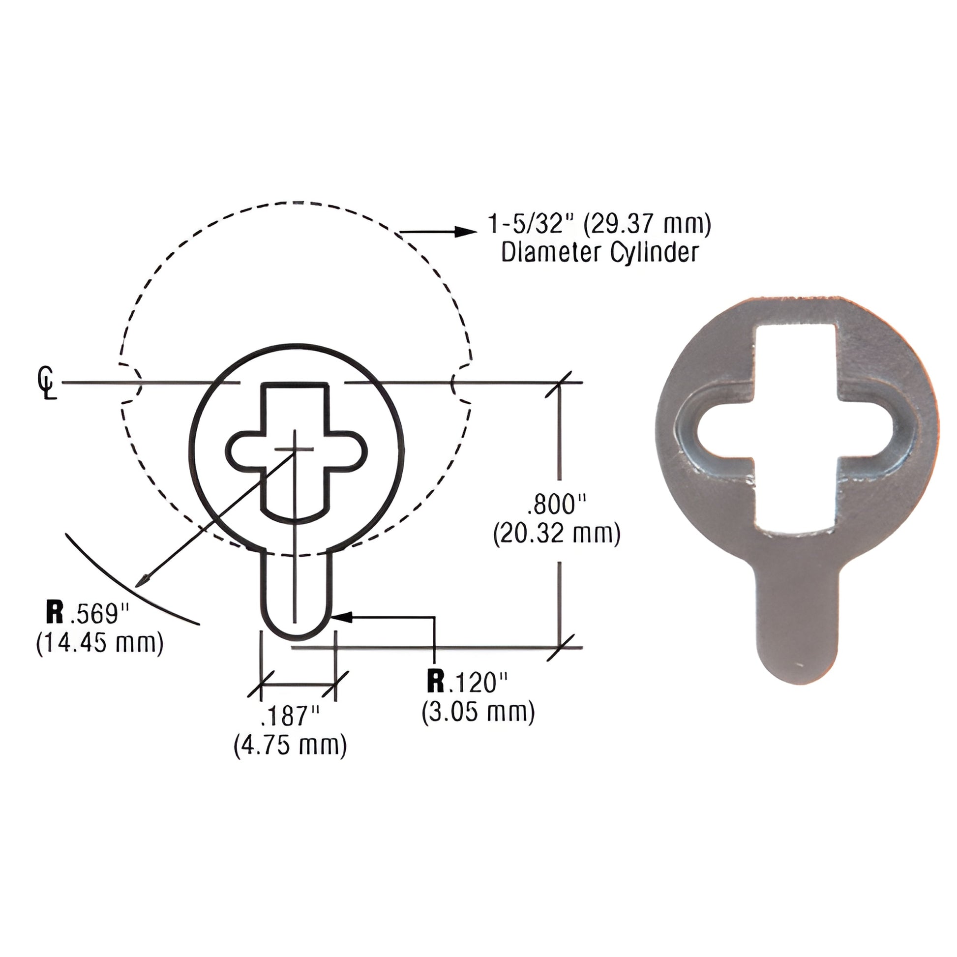 CRL AR-style metal cam (SKU DRACAM) with dimensional diagram, fits 1-5/32" cylinders, 0.800" height.