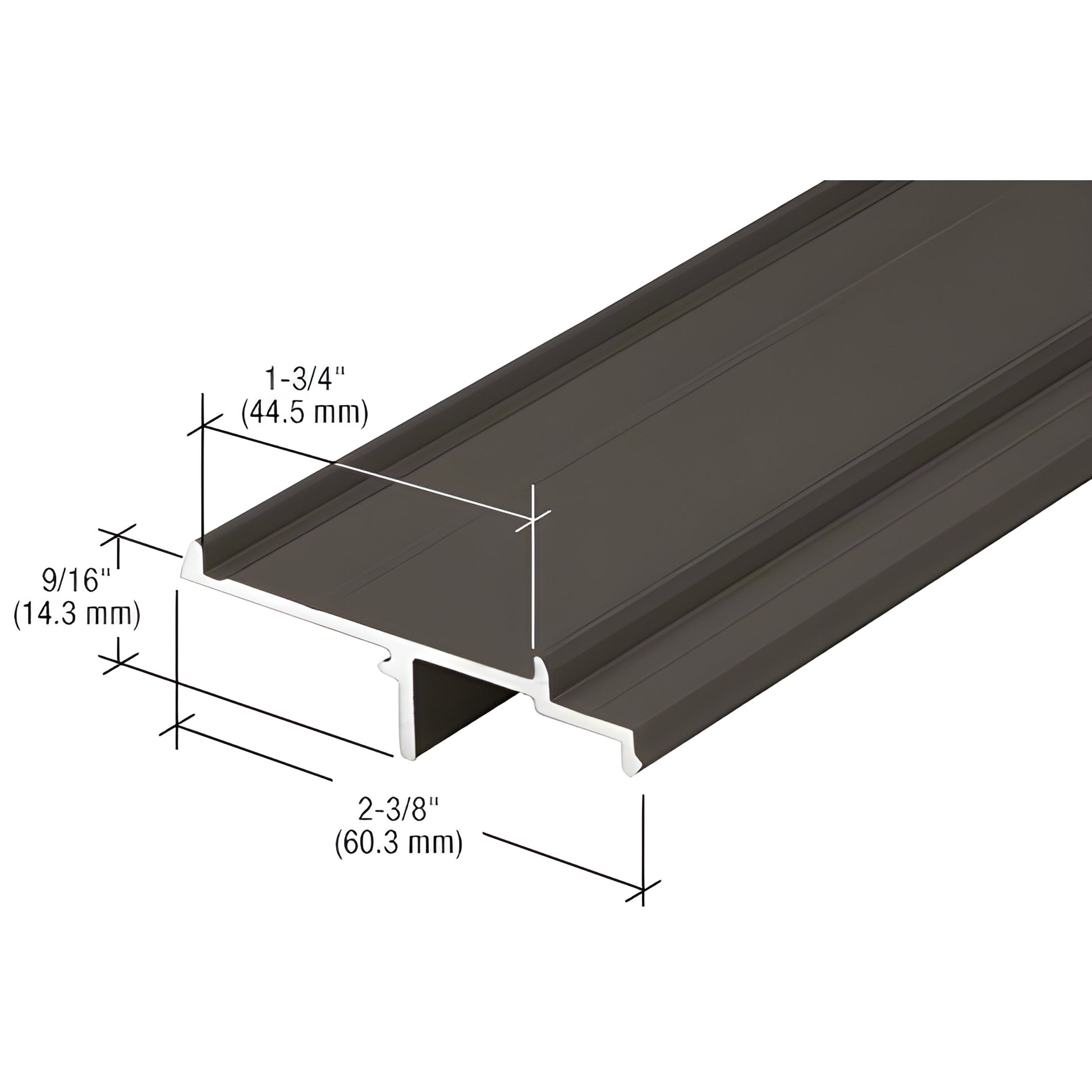 Black bronze anodized aluminum extrusion profile SKU 1G14722, T-shaped curtain wall cap, 2-3/8" x 1-3/4"
