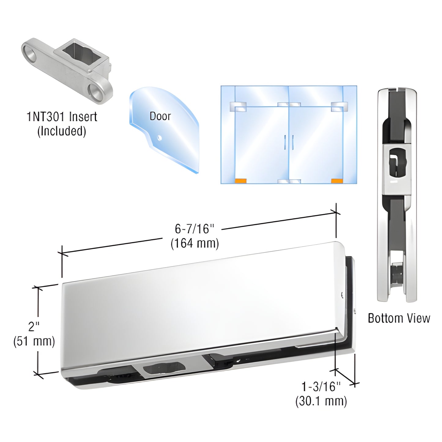 PH10CPS brushed stainless bottom gate patch fitting for 3/8-1/2" glass, 2-3/4" pivot setback, insert included