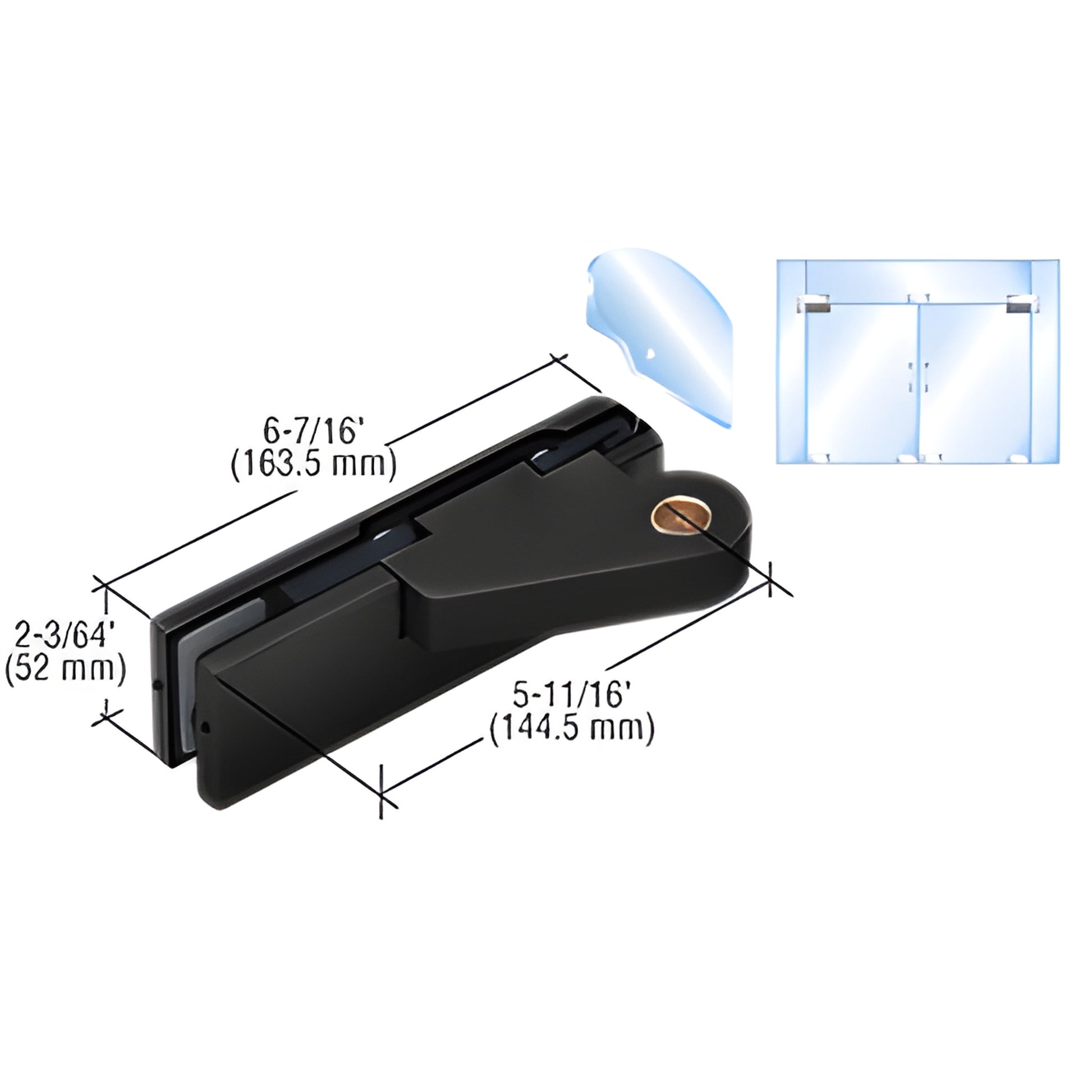 Matte black top-of-door offset patch fitting for 3/8"-1/2" glass, left-hand, 180 swing (SKU 0PF20LMBL)