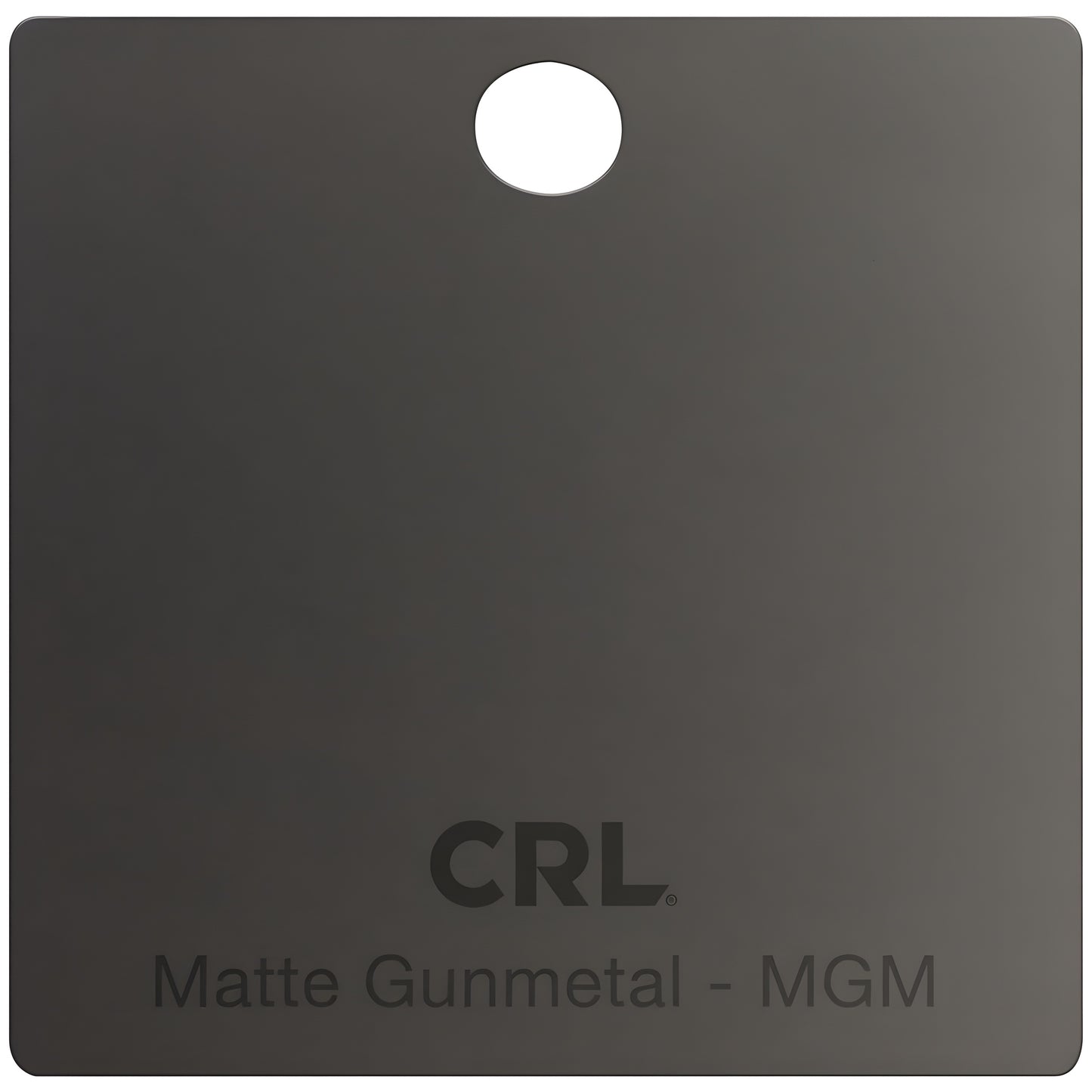 CRL matte gun metal brass shower door hinge finish chip, rectangular sample with top hanging hole (SKU CH2PMGM)