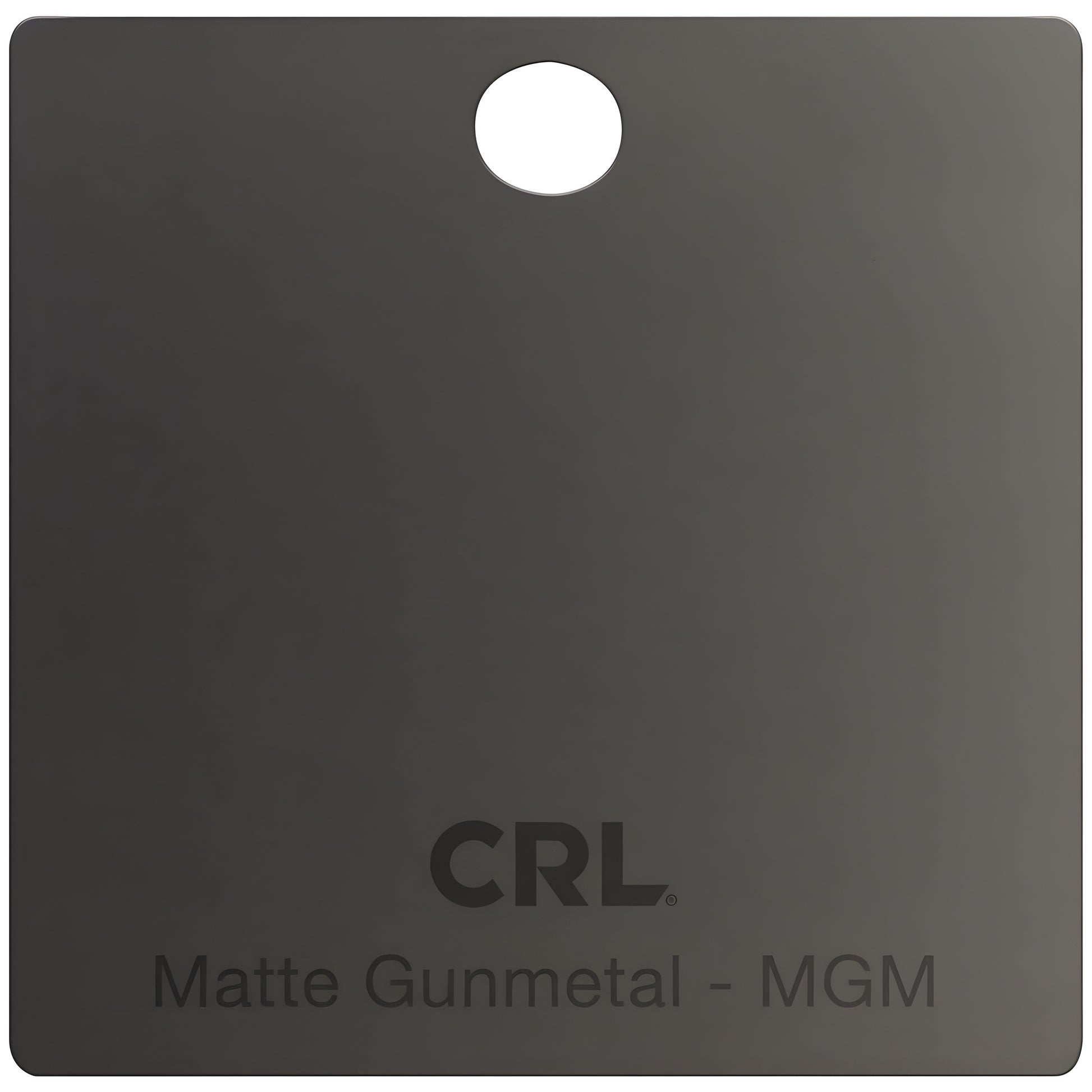 CRL matte gun metal brass shower door hinge finish chip, rectangular sample with top hanging hole (SKU CH2PMGM)