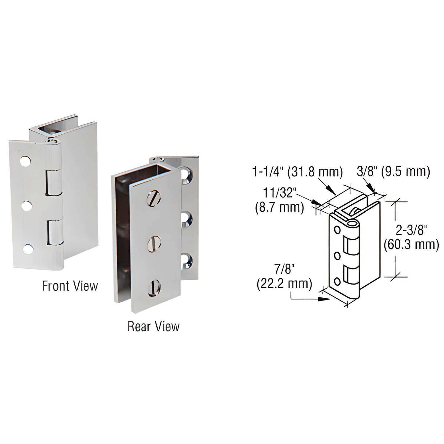 EH169 brushed-nickel brass set screw glass hinge pair for 3/16-5/16 tempered glass, 2 3/8 tall, no drill wall mount