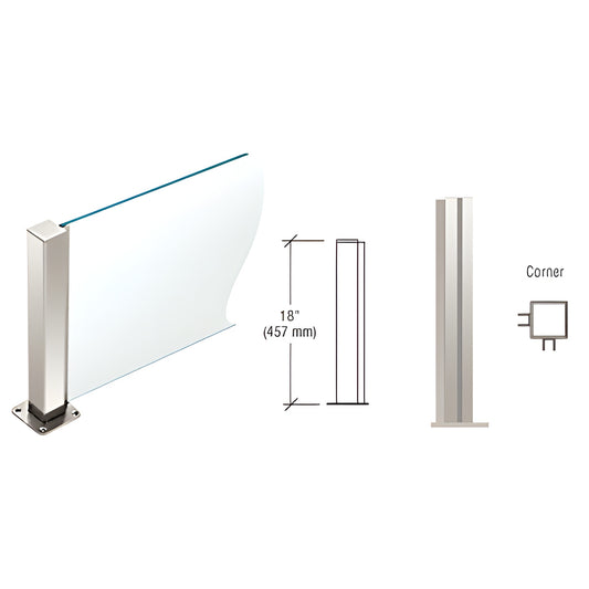 PP4318LPS polished stainless 1-1/2" square corner post, welded base, full-length U-channel for 1/4" glass, 18"