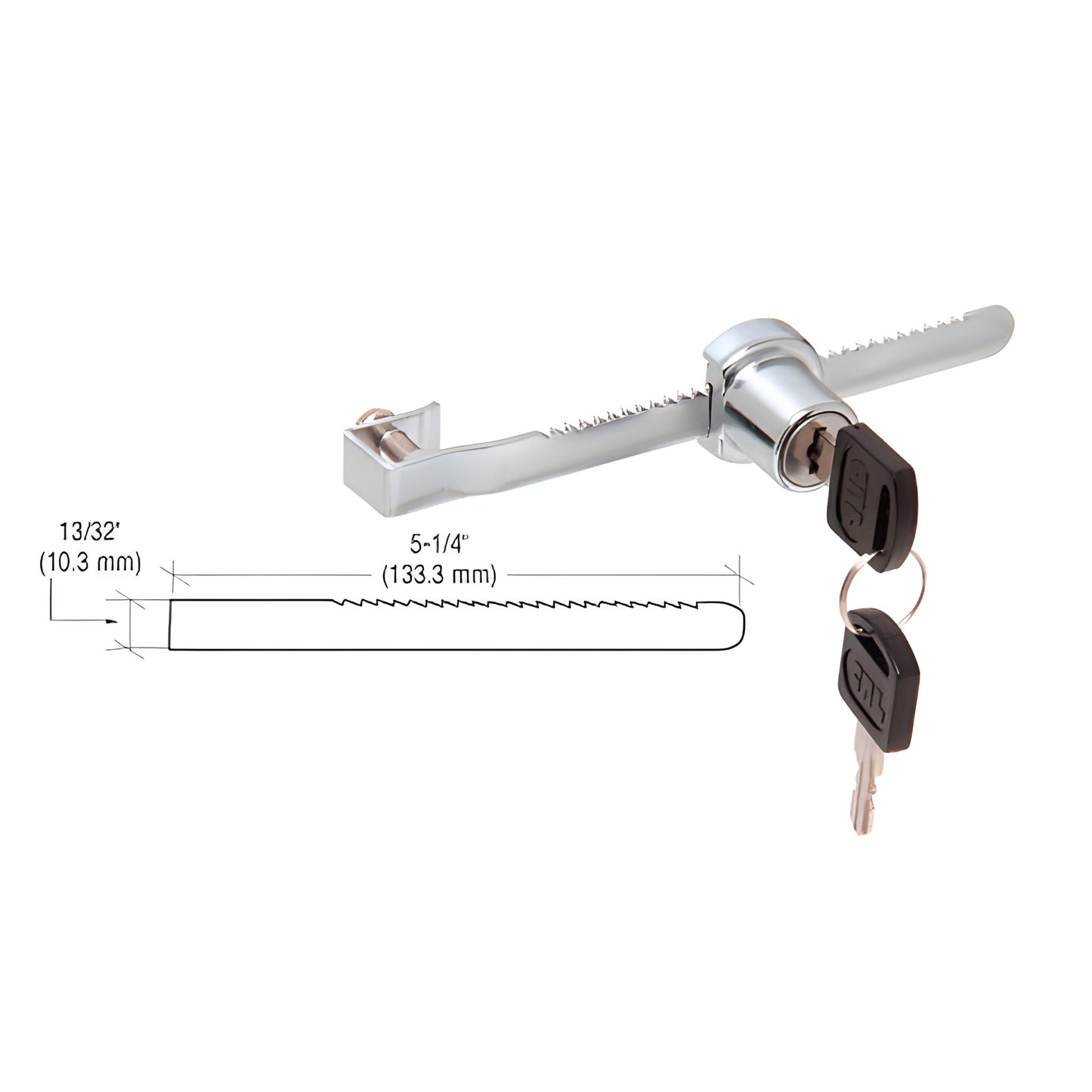 Polished chrome CRL showcase sliding glass lock (SKU 220CH) with serrated ratchet bar and two double-bit keys