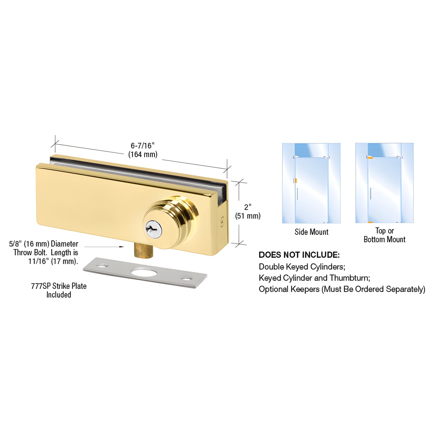 Polished brass patch lock AMR205BR for 3/8-1/2 glass, 6-7/16 x 2 body with strike plate.